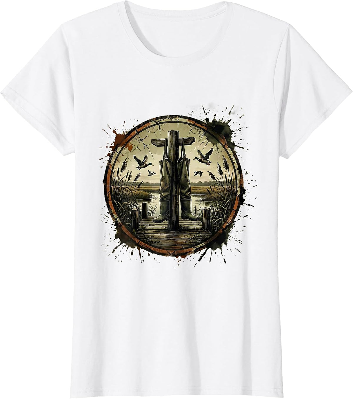 Duck Camo Waders on Weathered Dock Illustration T-Shirt - White