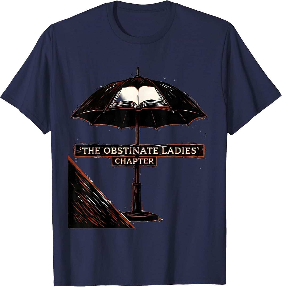 The Obstinate Ladies' Chapter Linocut Jane Austen Pride T-Shirt - Navy Blue