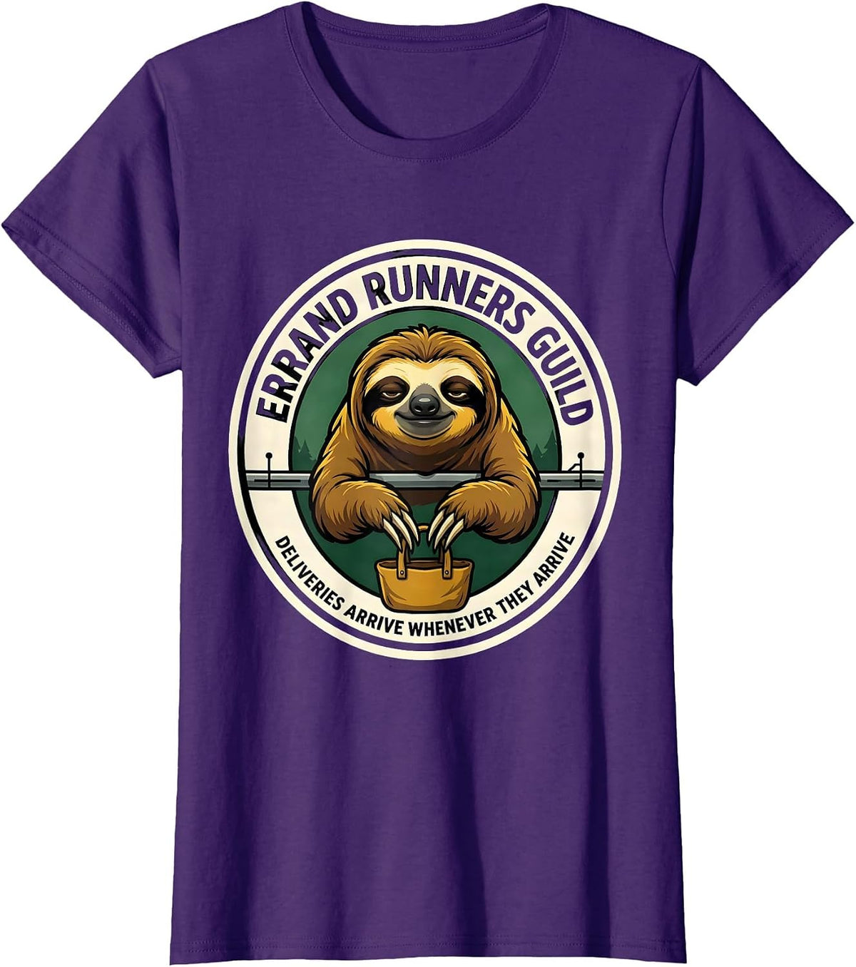 Women's Errand Runners Guild Sloth Lover Deadpan Humor T-Shirt - Purple