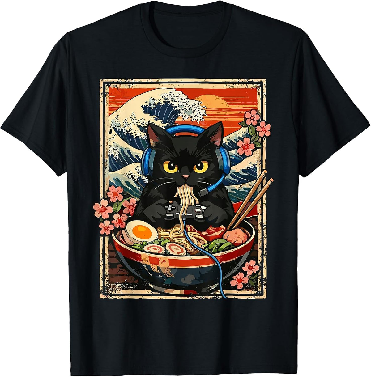 Kawaii Gamer Cat Eating Ramen T-Shirt - Black