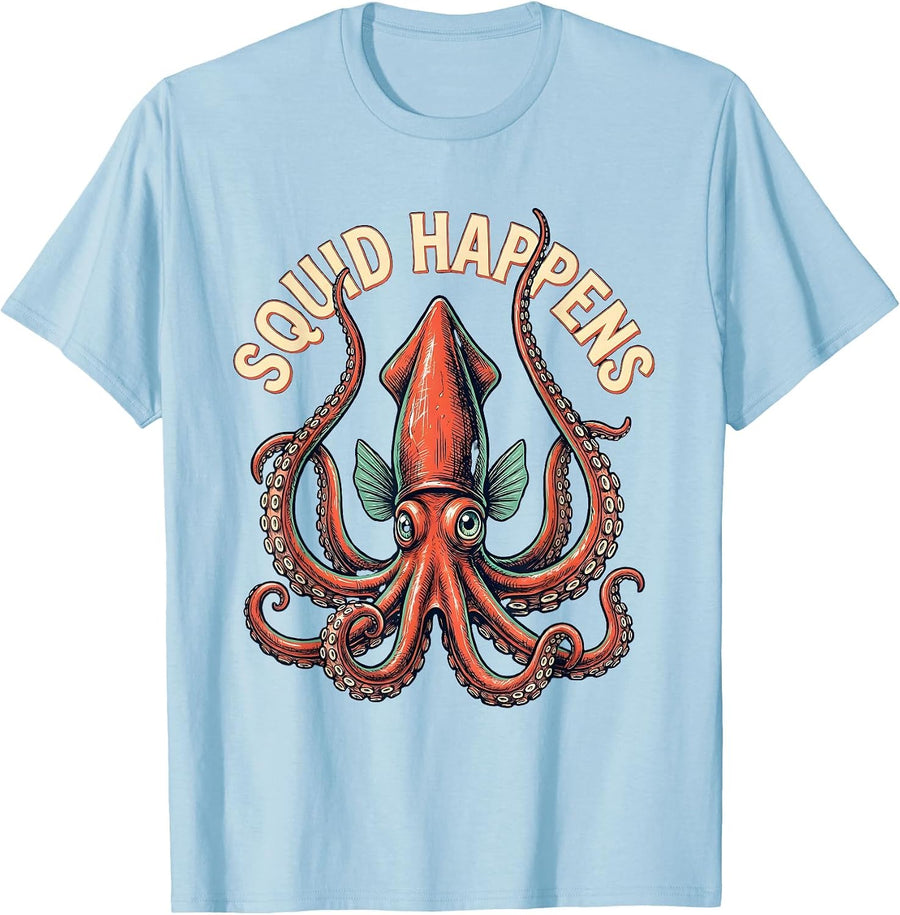 Men's Squid Happens Playful Octopus Lover Marine Biology Sea T-Shirt - Baby Blue