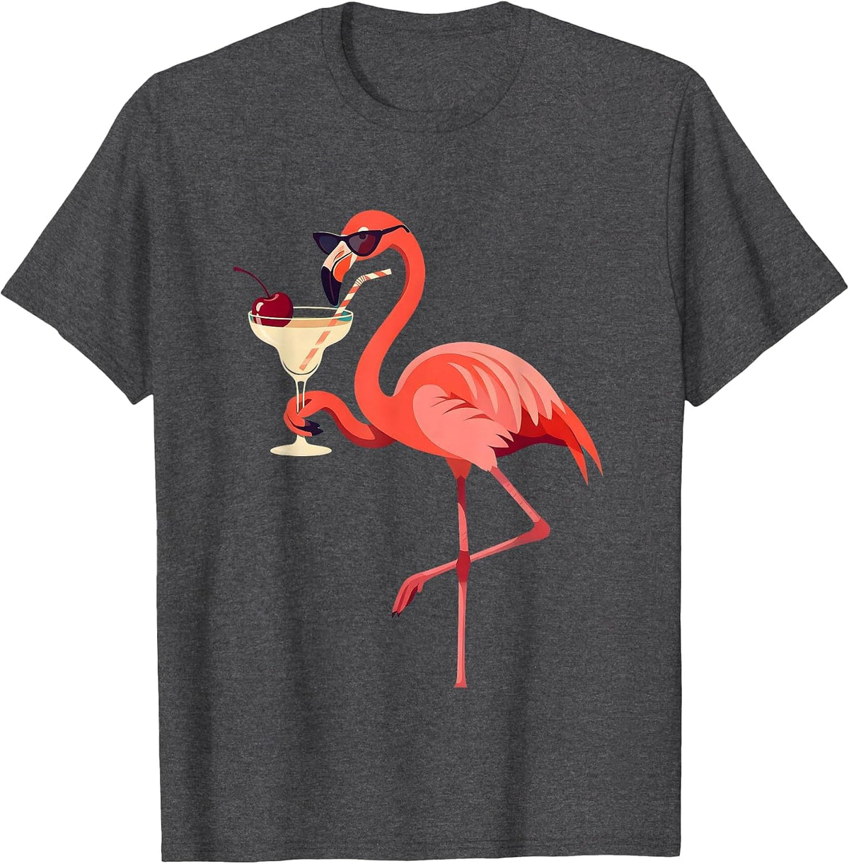 Flamingo in Sunglasses Sipping Cocktail Design T-Shirt - Dark Heather Grey