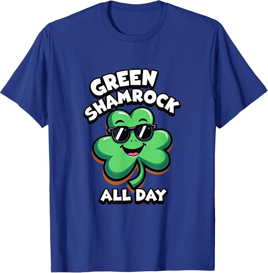 Green Shamrock All Day St Patricks Design T-Shirt - Royal Blue