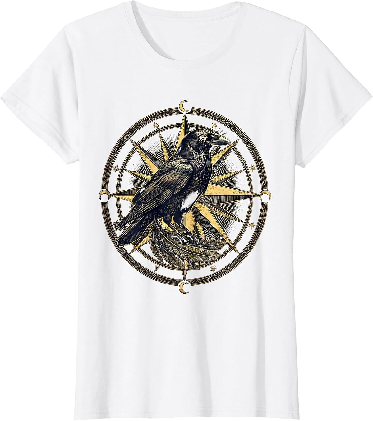 Crow on Vintage Compass Rose Illustration T-Shirt - White