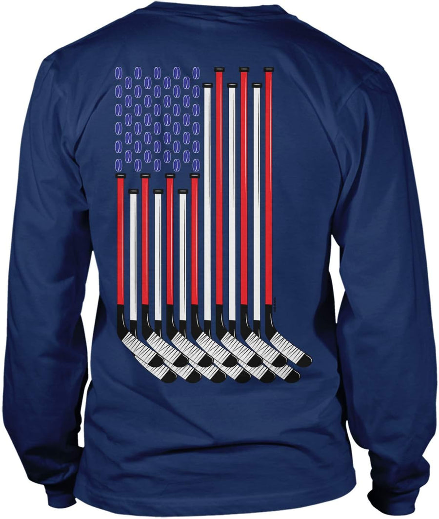 Haase Unlimited Hockey Stick & Pucks American Flag - Sports Unisex Long Sleeve Shirt - Navy - Back Print