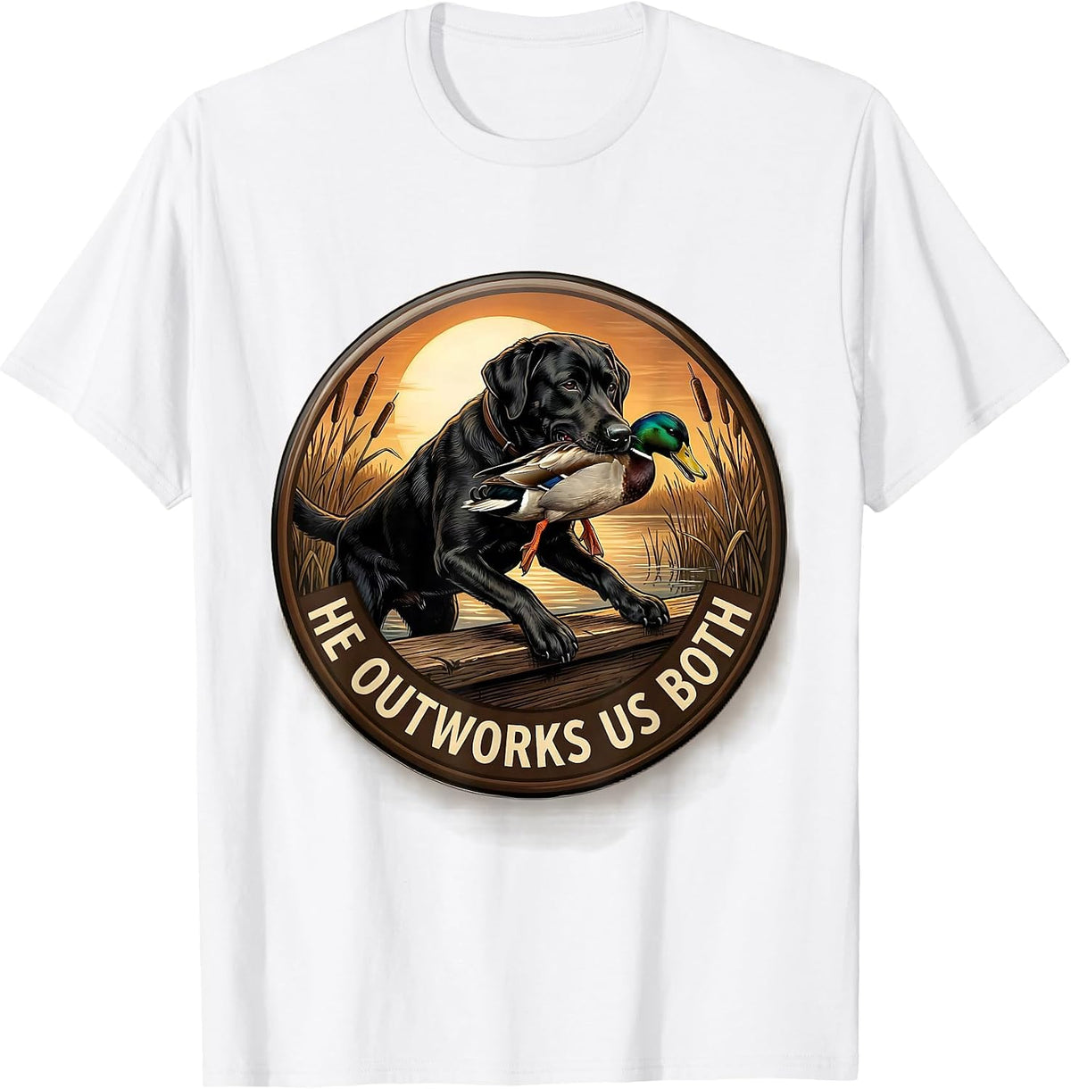 Men's He Outworks Us Both Vintage Local Boy Black Lab Duck Hunting T-Shirt - White