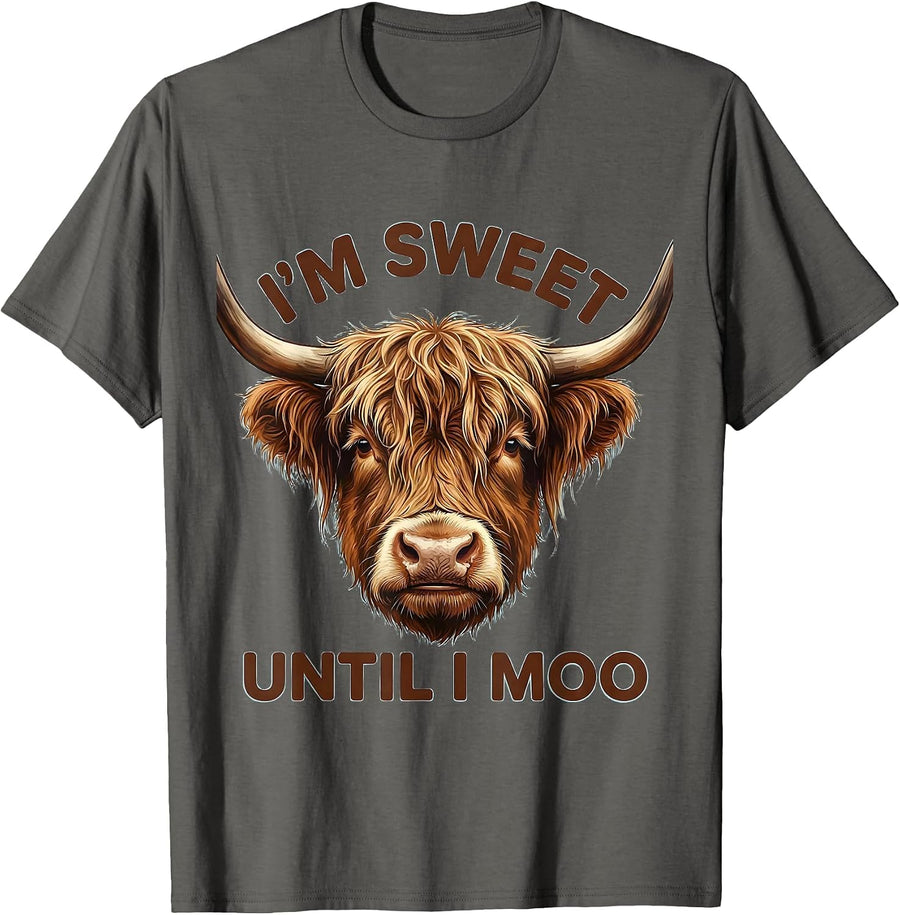 I’m Sweet Until I Moo Funny Highland Cow Character Whimsical T-Shirt - Asphalt Grey
