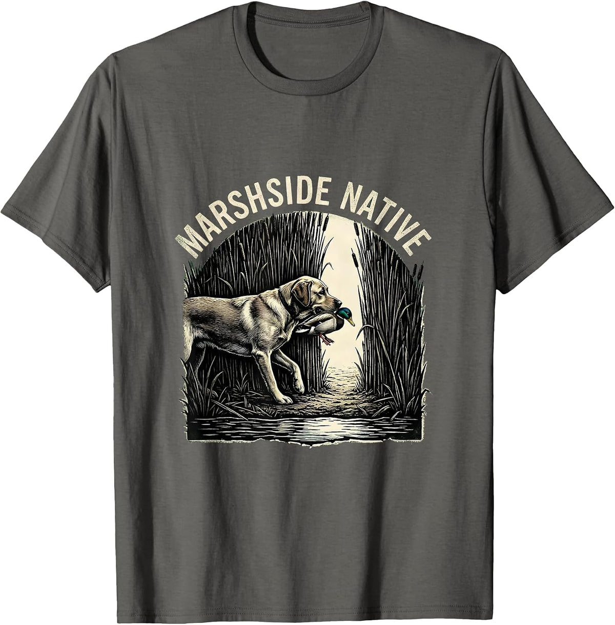 Men's Marshside Native Rubber Stamp Labrador Duck Hunting Southern T-Shirt - Asphalt Grey