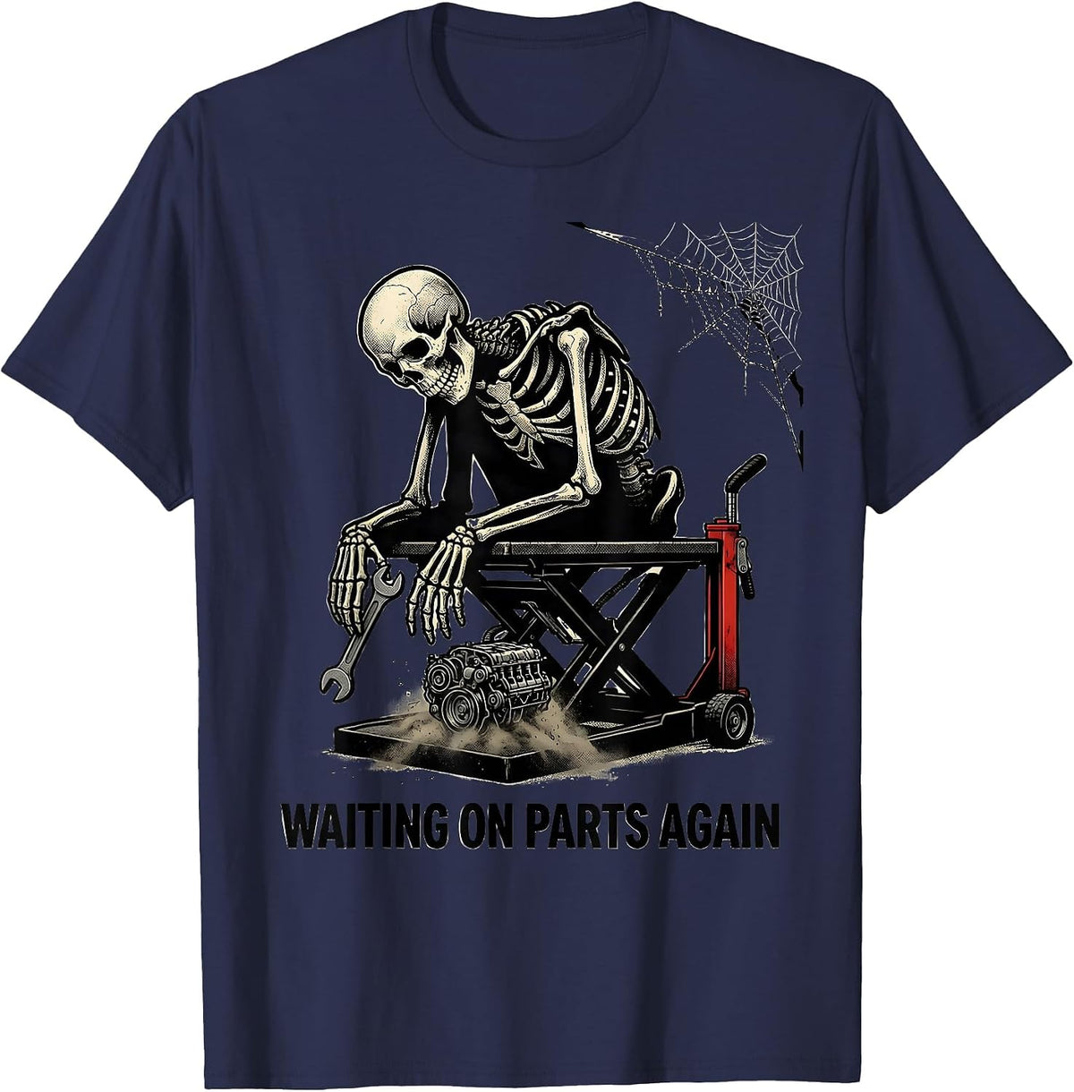Waiting On Parts Again Funny Mechanic Skeleton Auto Repair T-Shirt - Navy Blue