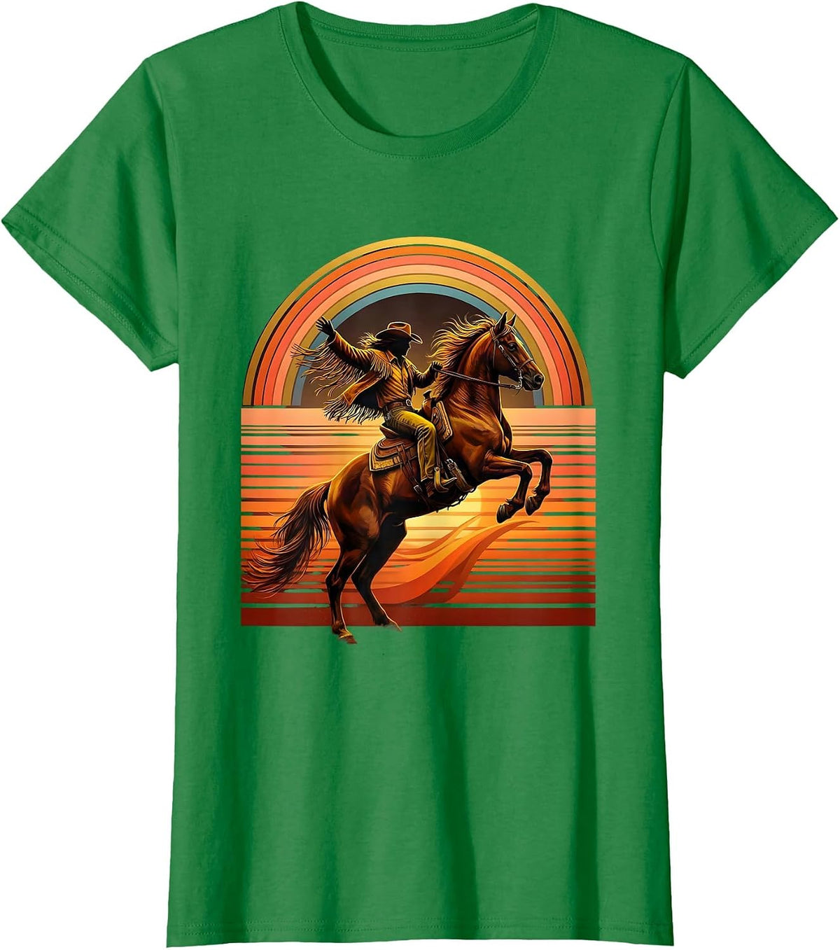 Cowgirl Leaping Off Horse at Sunset Graphic T-Shirt - Kelly Green