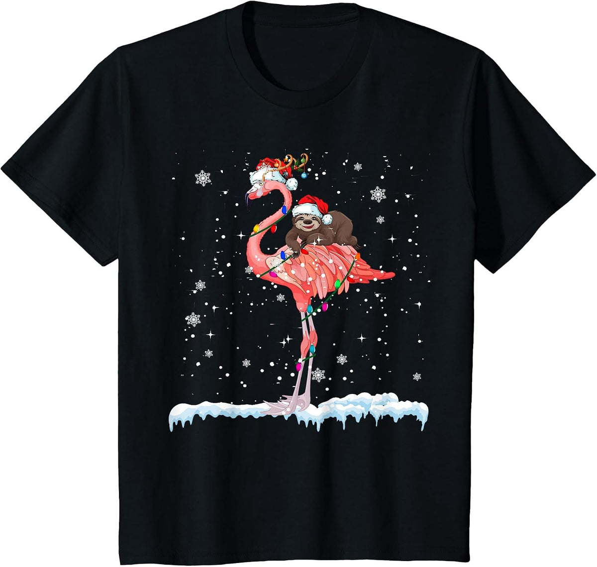 Santa Sloth Ridding Flamingo Reindeer Xmas Sloth Flamingo T-Shirt - Black