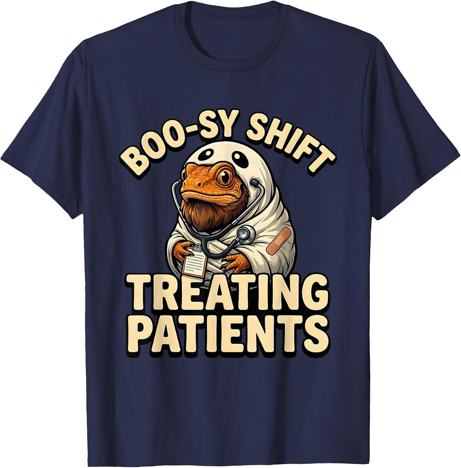 Boo-sy Shift Treating Patients Funny Vet Tech Halloween T-Shirt - Navy Blue