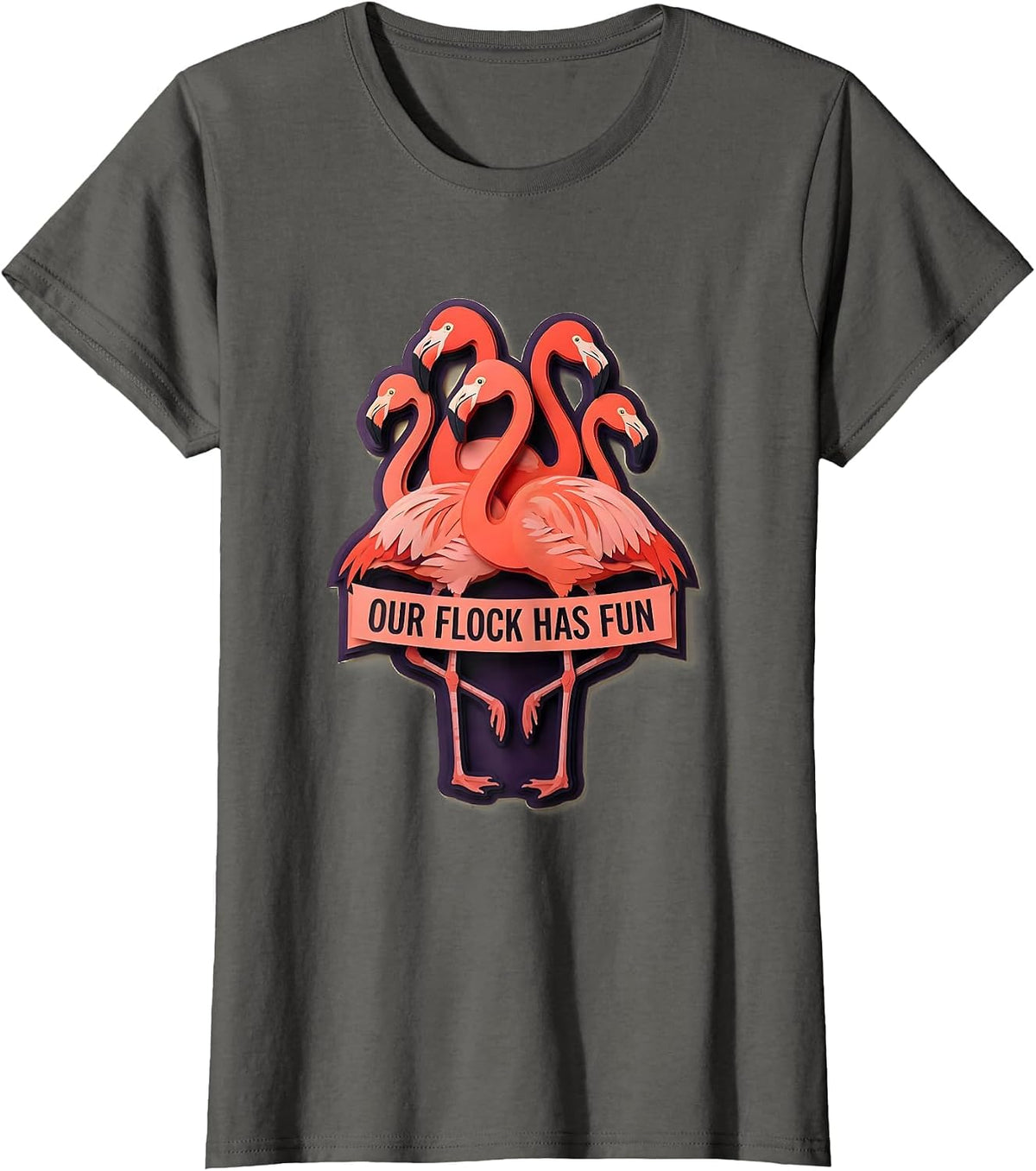 Women's Our Flock Has Fun Flamingo Family Matching Group Vacation T-Shirt - Asphalt Grey