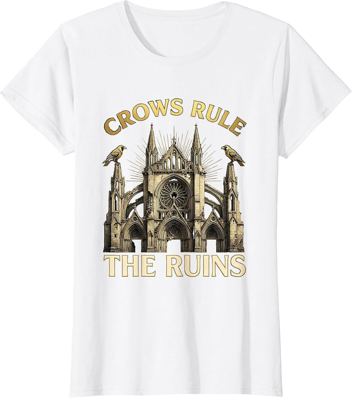 Crows Rule the Ruins Gothic Halloween Design T-Shirt - White
