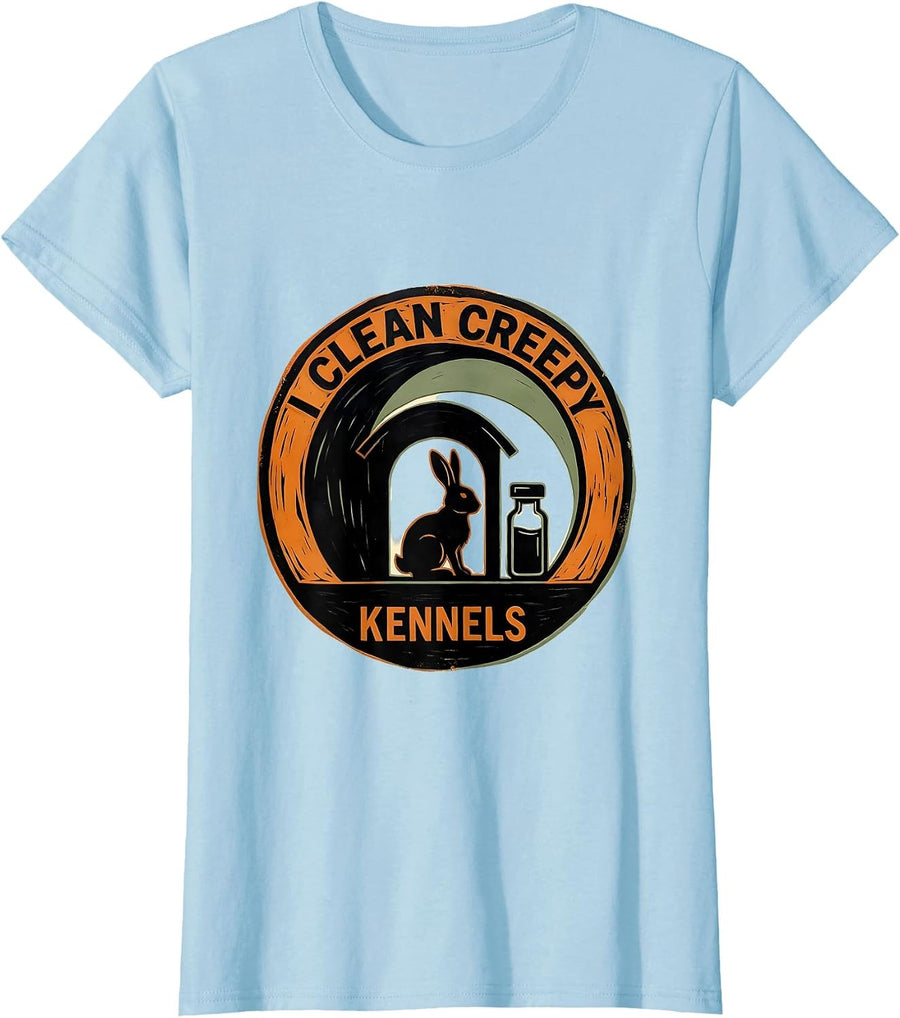 Women's I Clean Creepy Kennels Funny Vet Tech Halloween Workplace T-Shirt - Baby Blue