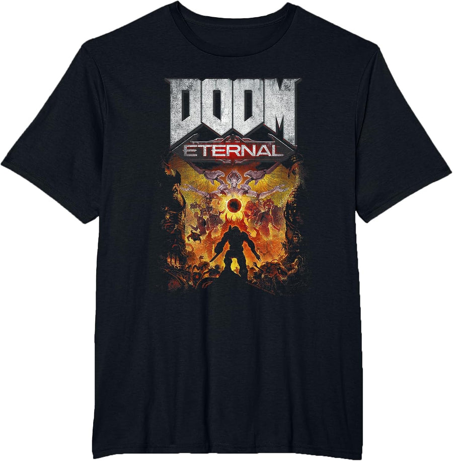 Doom Eternal Gold Cover Art Scene Distressed Video Game T-Shirt - Black