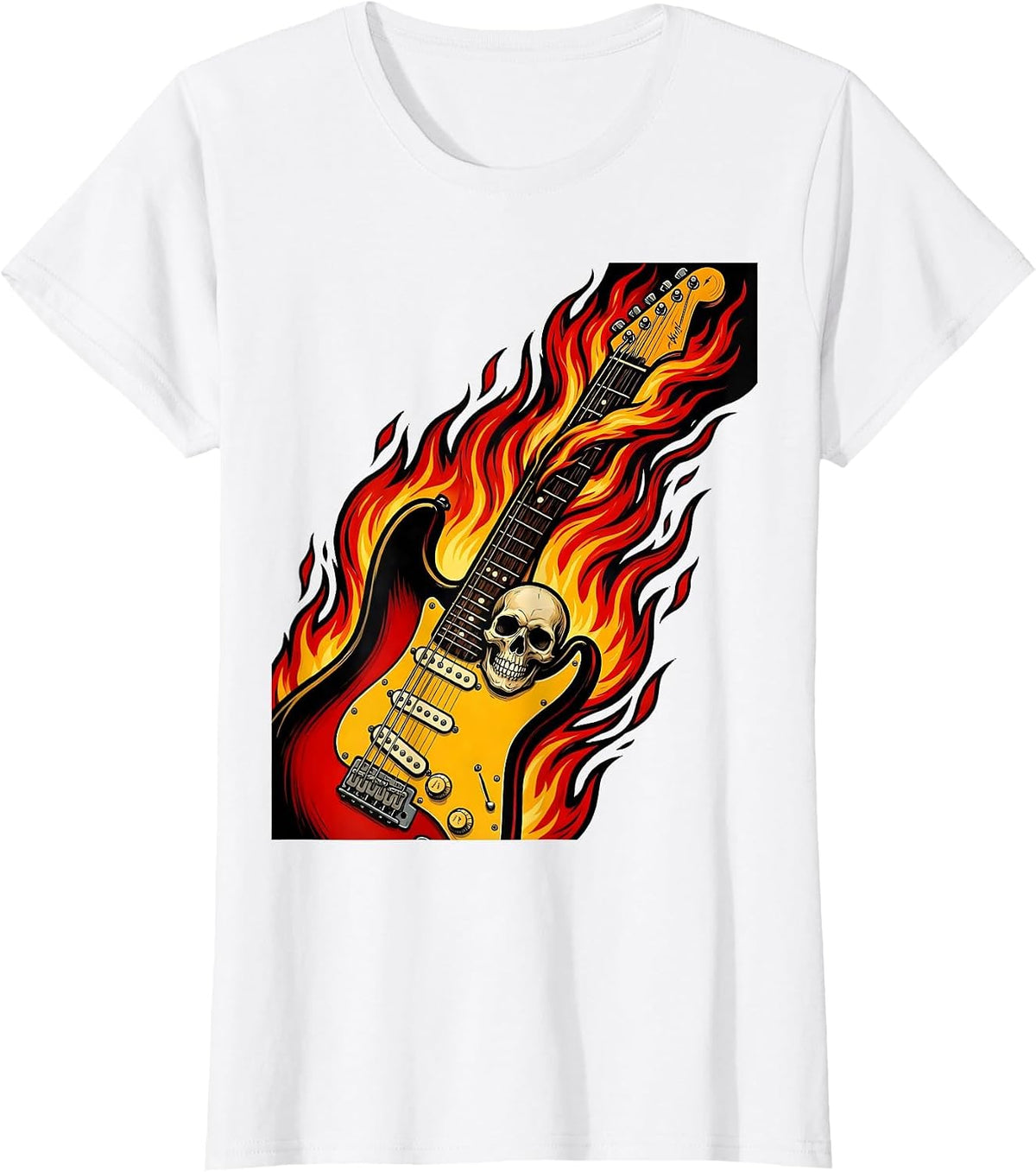Flaming Electric Guitar Rock Band Graphic T-Shirt - White