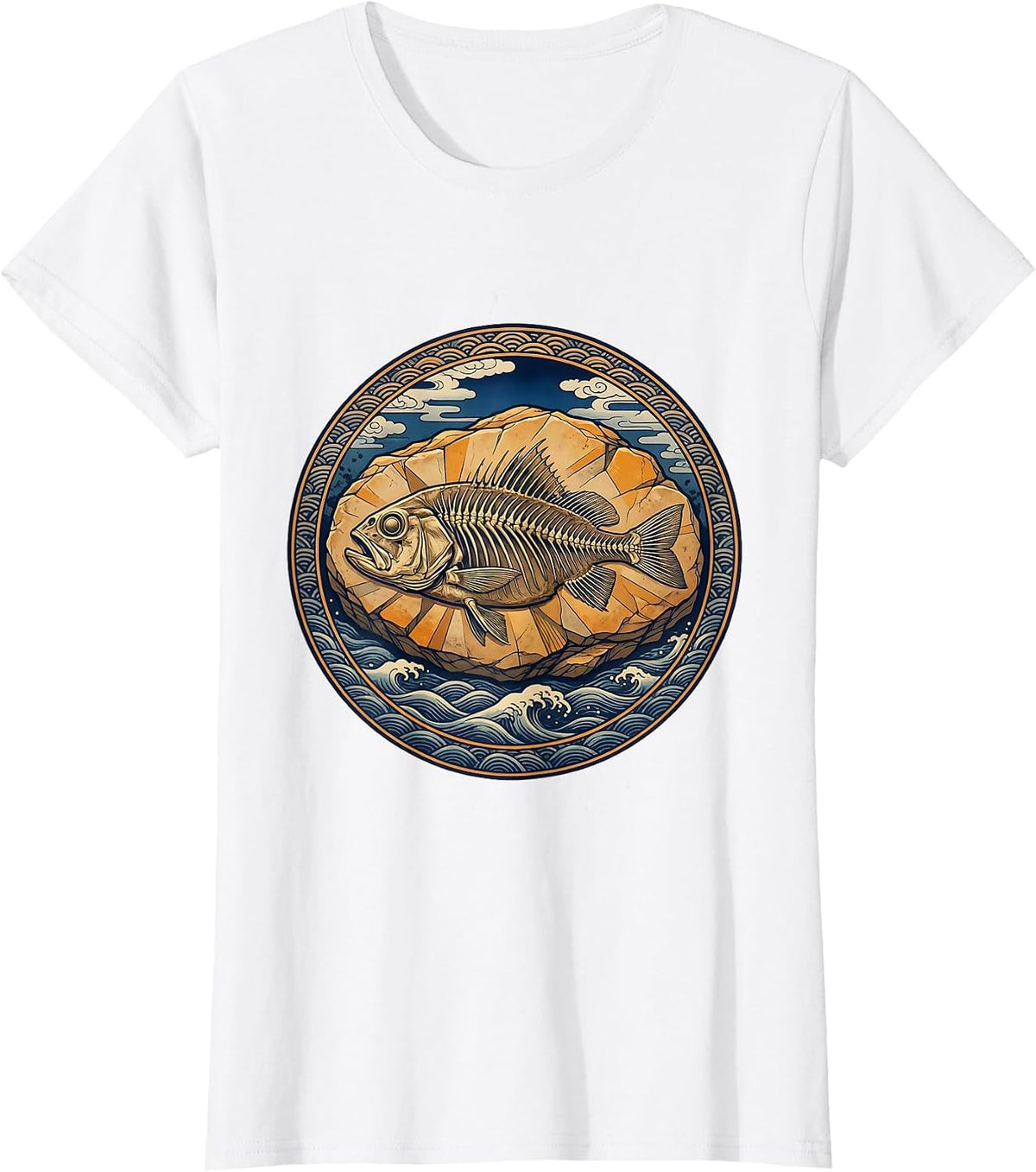 Skeletal Fish Fossil Stone Slab Graphic Tee T-Shirt - White