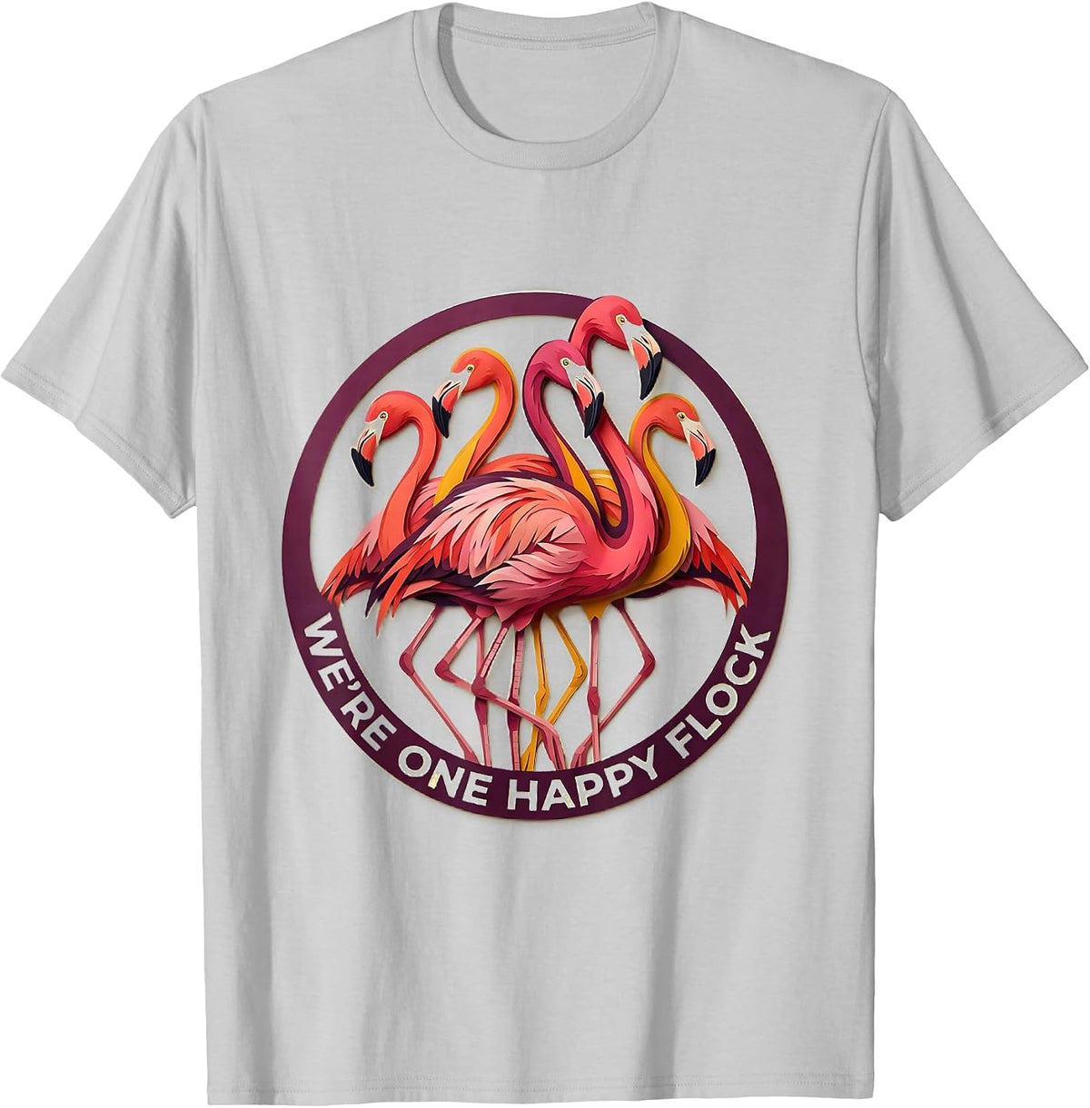 Men's We're One Happy Flock Paper Cutout Flamingo Novelty Bird T-Shirt - Silver Grey
