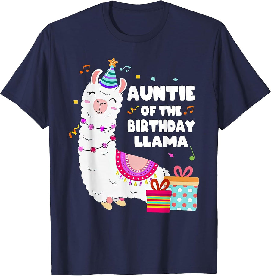 Auntie of The Birthday Llama Bday Party Family Celebration T-Shirt - Navy Blue