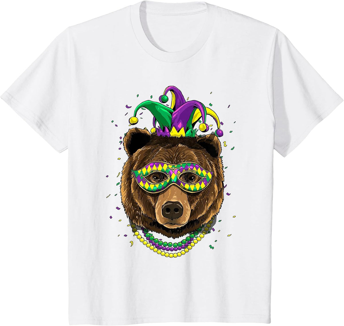 Bear Animal Lover Cute Mardi Gras Carnival Jester T-Shirt, Youth, White, X-Small - As Pictured