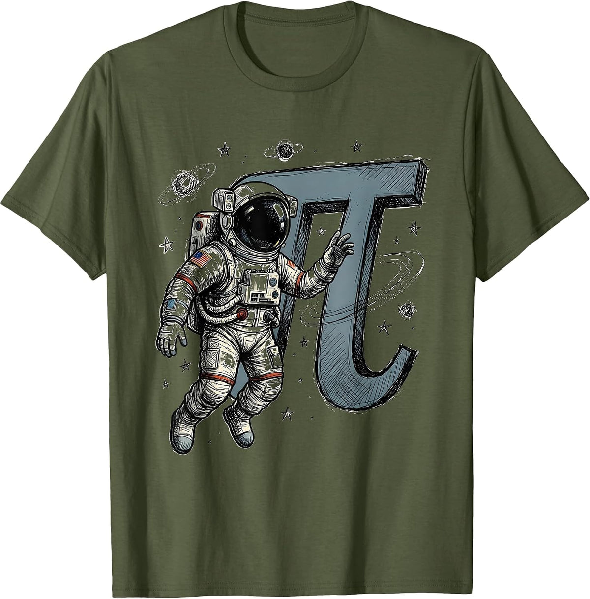 Math Teacher Astronaut Pi Symbol Space Design T-Shirt - Olive Green