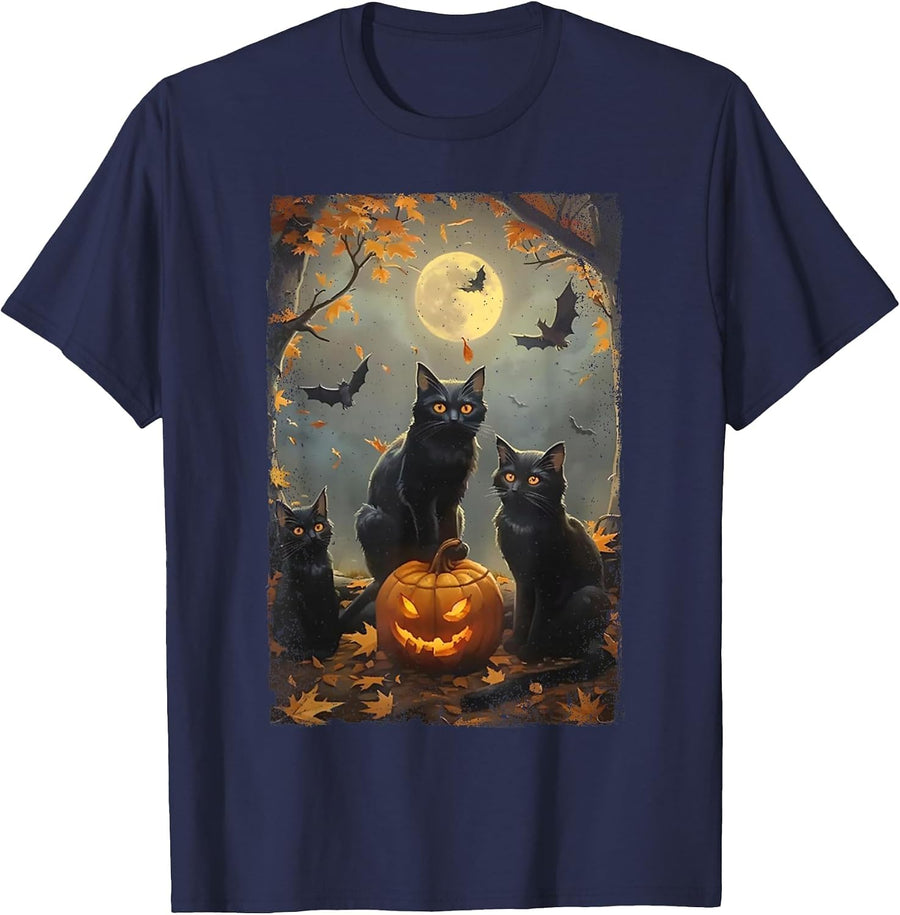 Vintage Three Black Cats Halloween Pumpkin Costume Cat Lover T-Shirt - Navy Blue