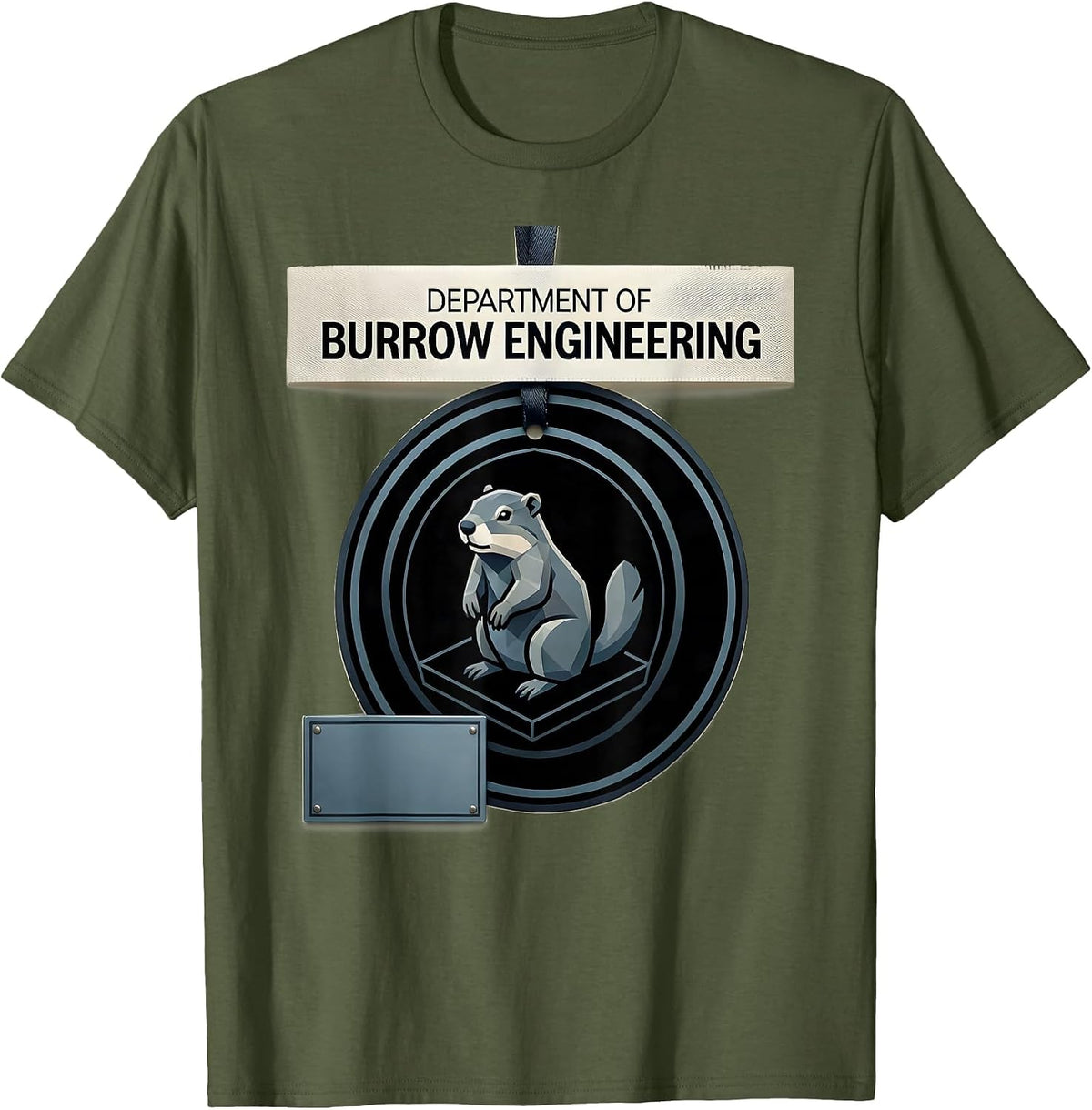 Department Of Burrow Engineering Whimsical Groundhog Humor T-Shirt - Olive Green