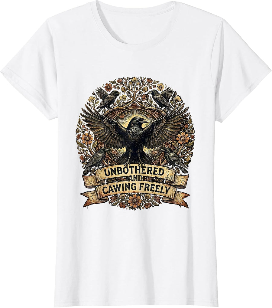 Women's Unbothered and Cawing Freely Crow Design T-Shirt - White