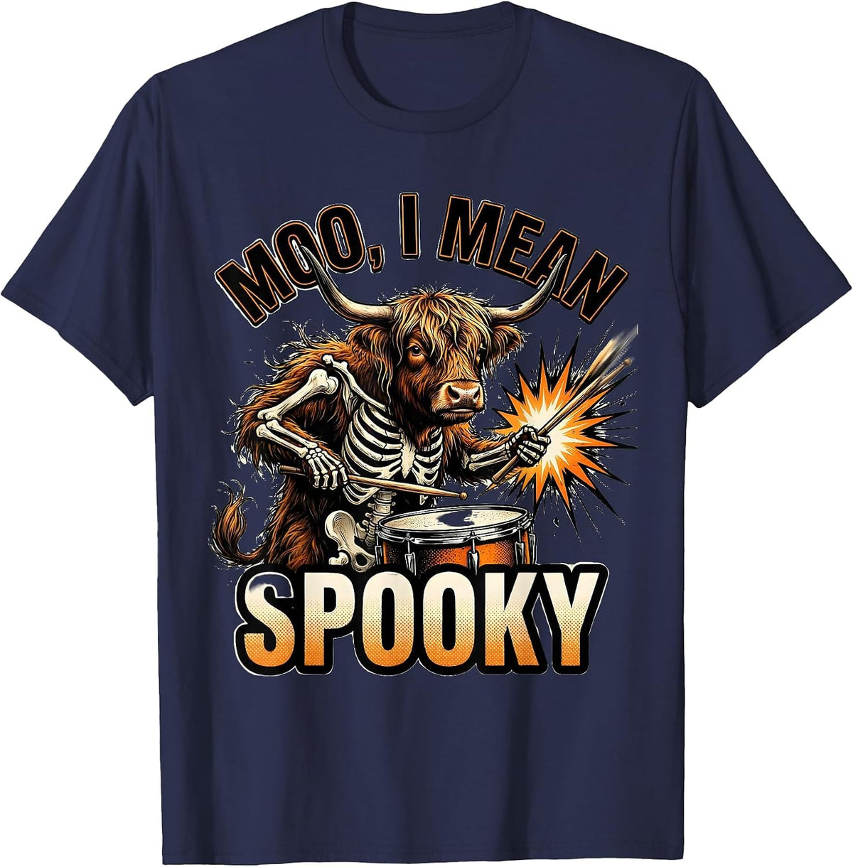 Men's Moo I Mean Spooky Comic Book Highland Cow Halloween Costume T-Shirt - Navy Blue