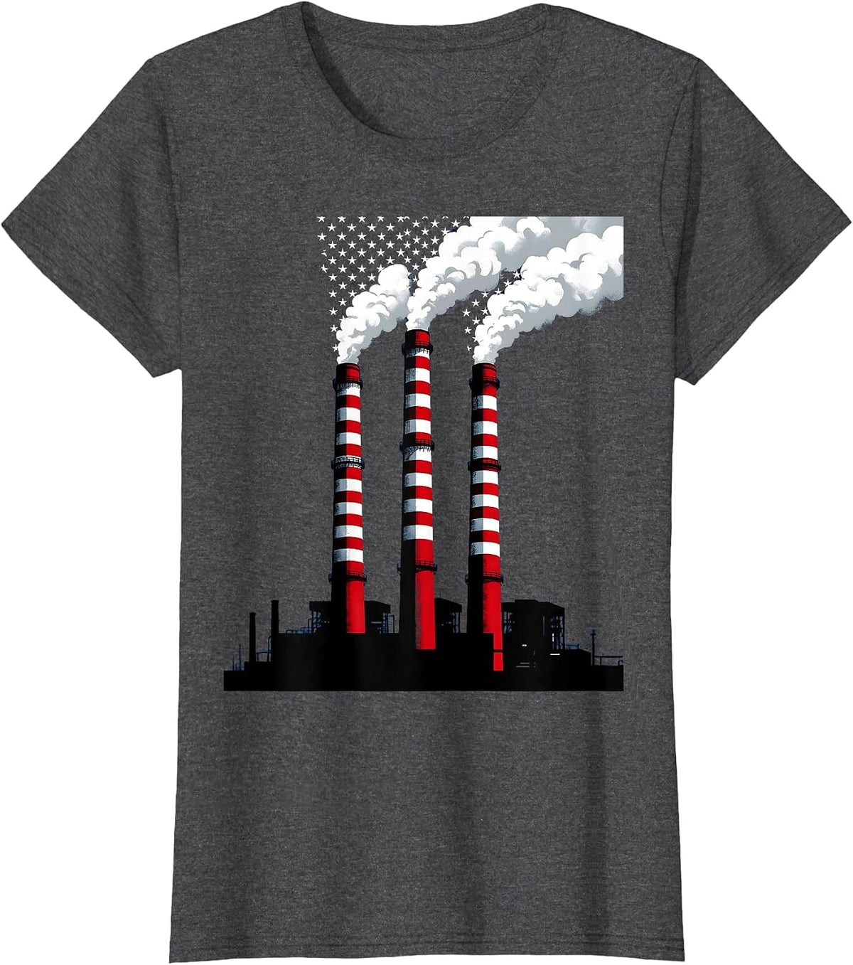 Women's Stars and Stripes Factory Smokestacks Labor Day T-Shirt - Dark Heather Grey