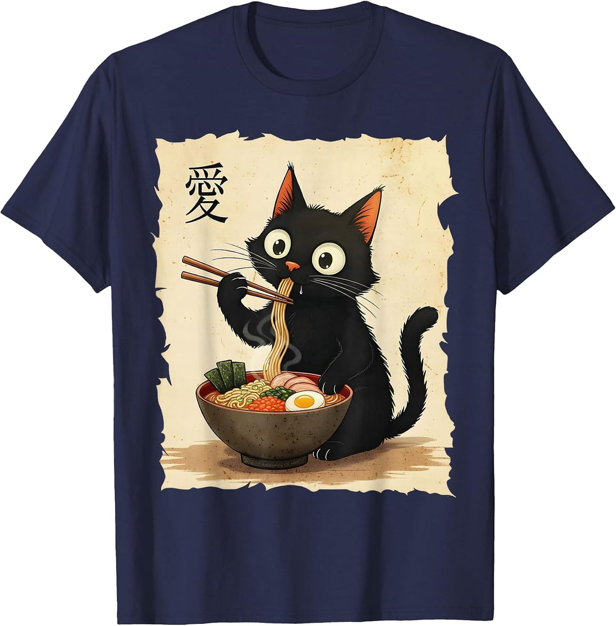Cute Anime Cat Eating Ramen Japanese Noodle Graphic Art T-Shirt - Navy Blue