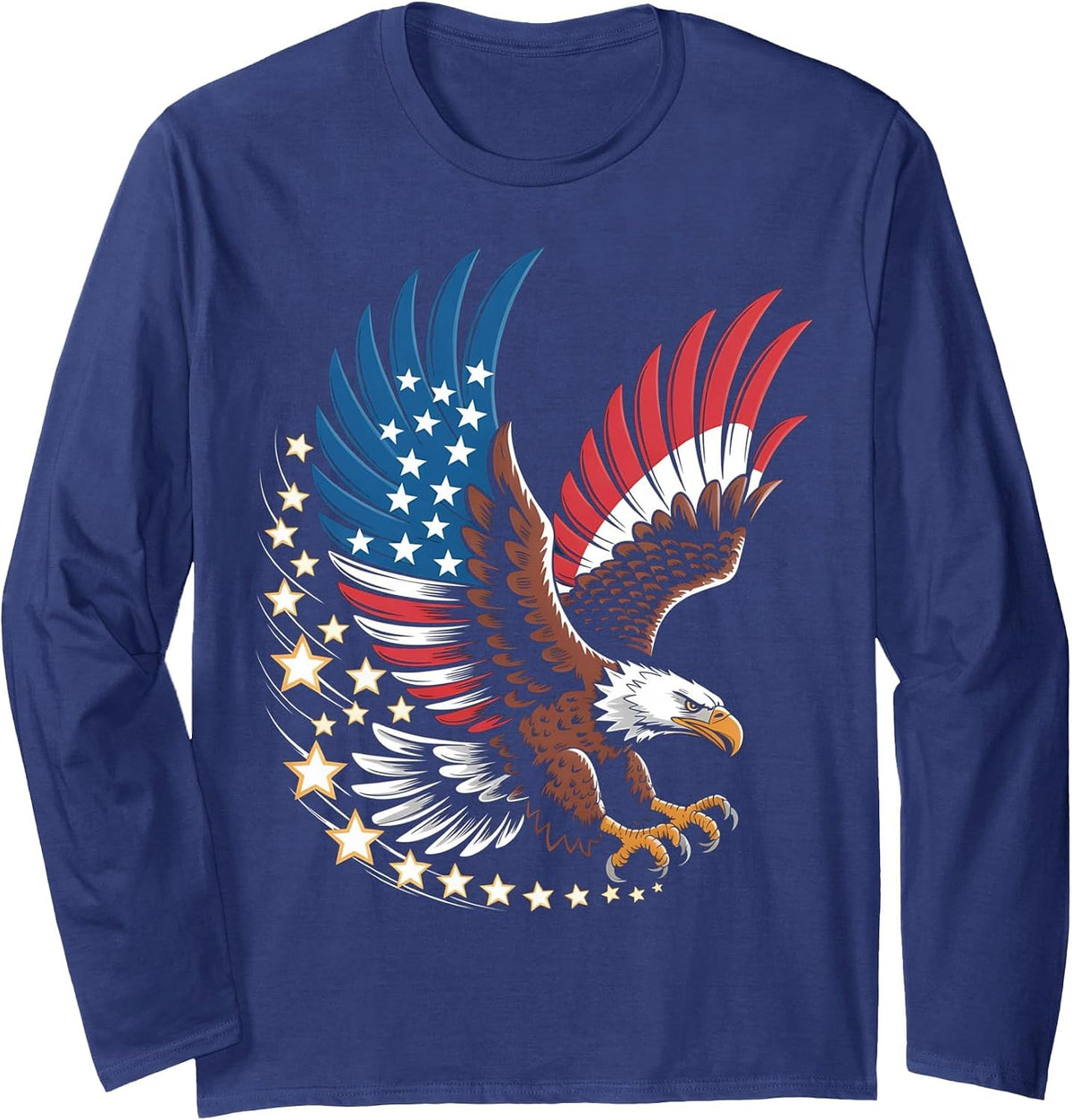 Bald Eagle Patriotic American Flag 4th of July Long Sleeve T-Shirt - Adult Unisex Navy Blue