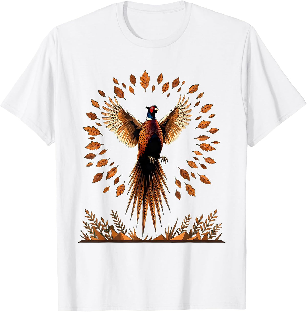 Pheasant Flush Autumn Leaves Wildlife Illustration T-Shirt - White