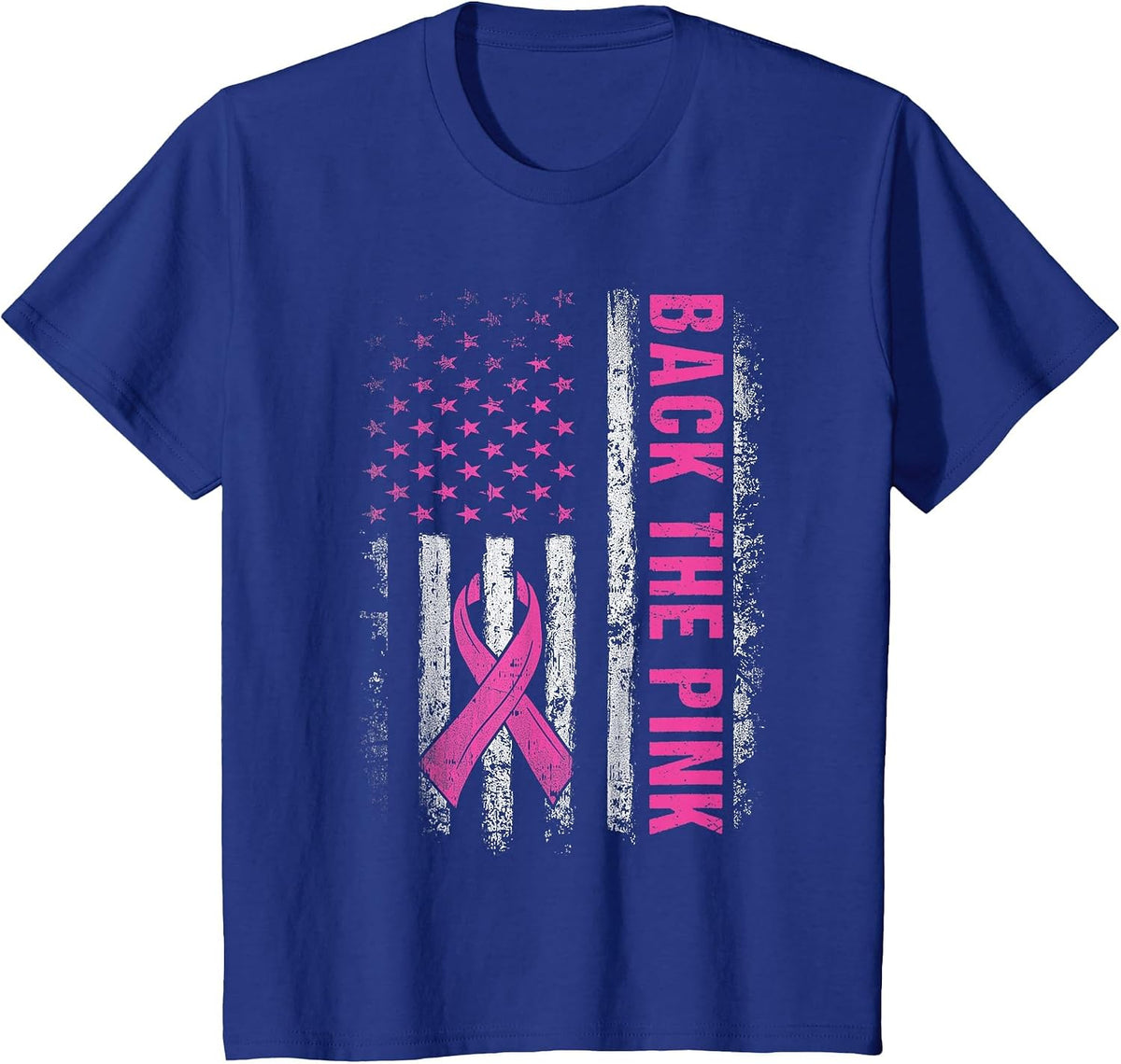 Back The Pink Ribbon American Flag Breast Cancer Awareness T-Shirt - Royal Blue