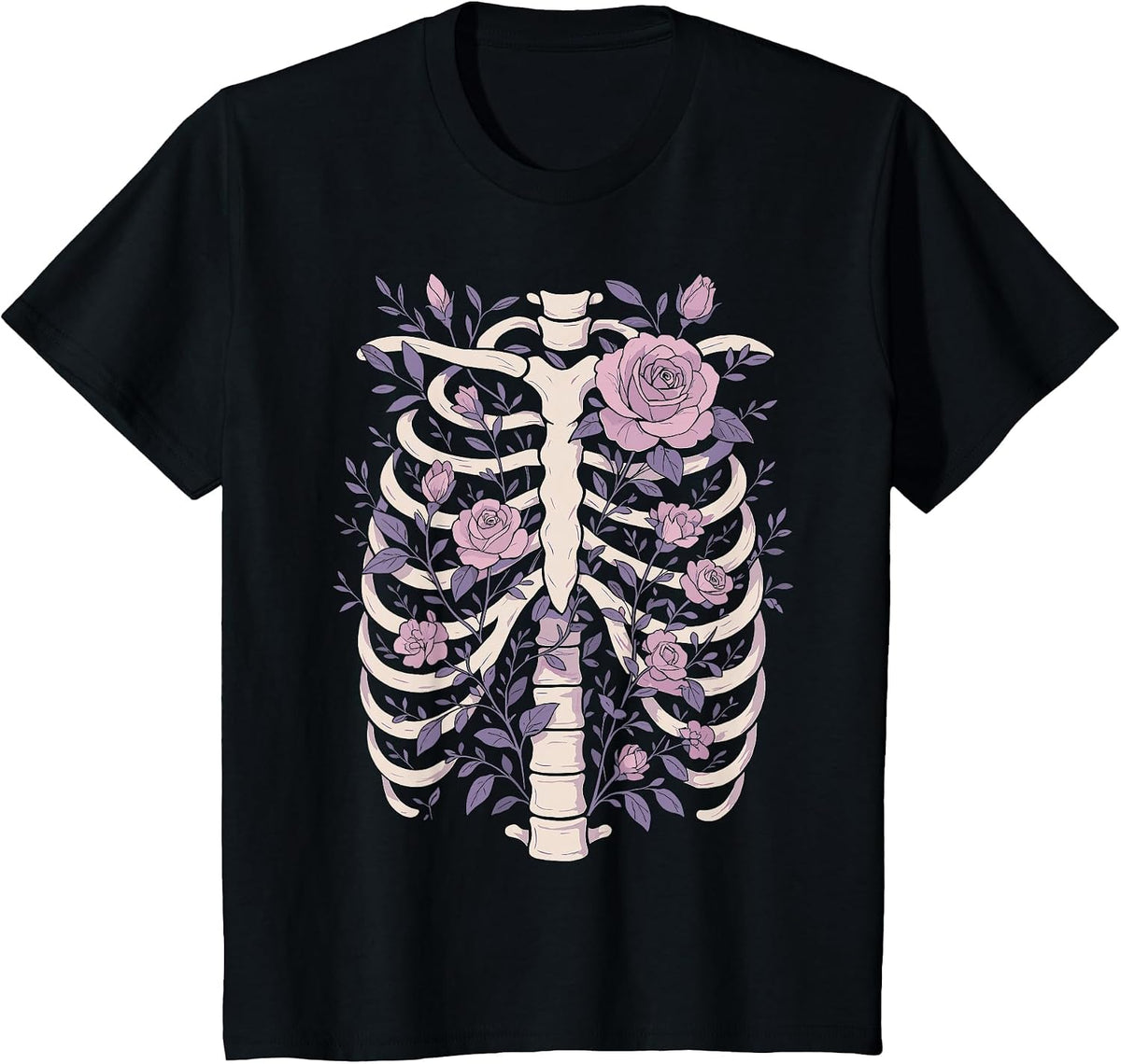 Skeleton Ribcage Flowers Pastel Goth Halloween Costume T-Shirt - Black