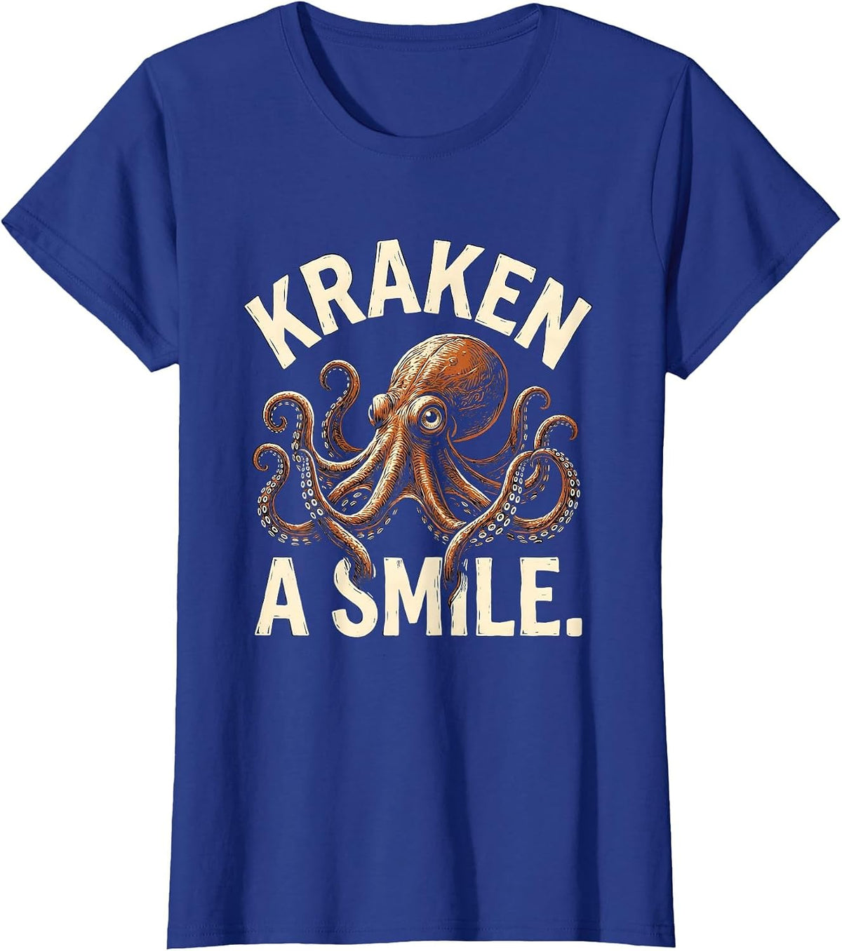 Women's Kraken A Smile Linocut Octopus Lover Marine Biology Humor T-Shirt - Royal Blue