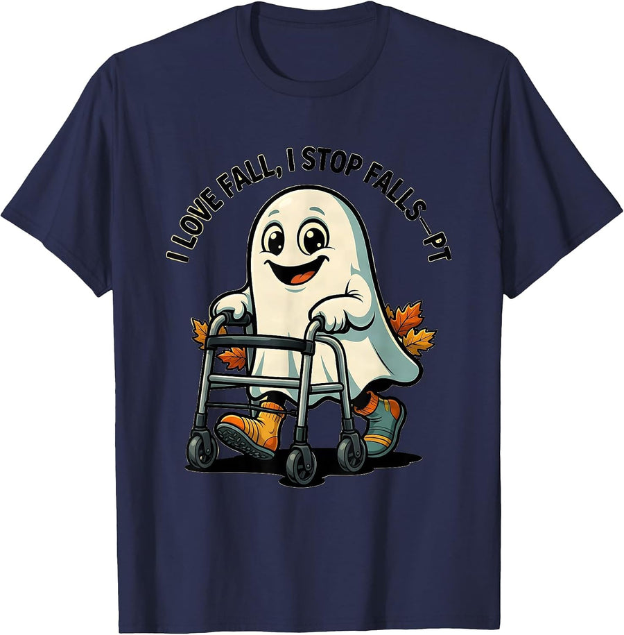 I Love Fall I Stop Falls PT Funny Nurse Physical Therapy T-Shirt - Navy Blue