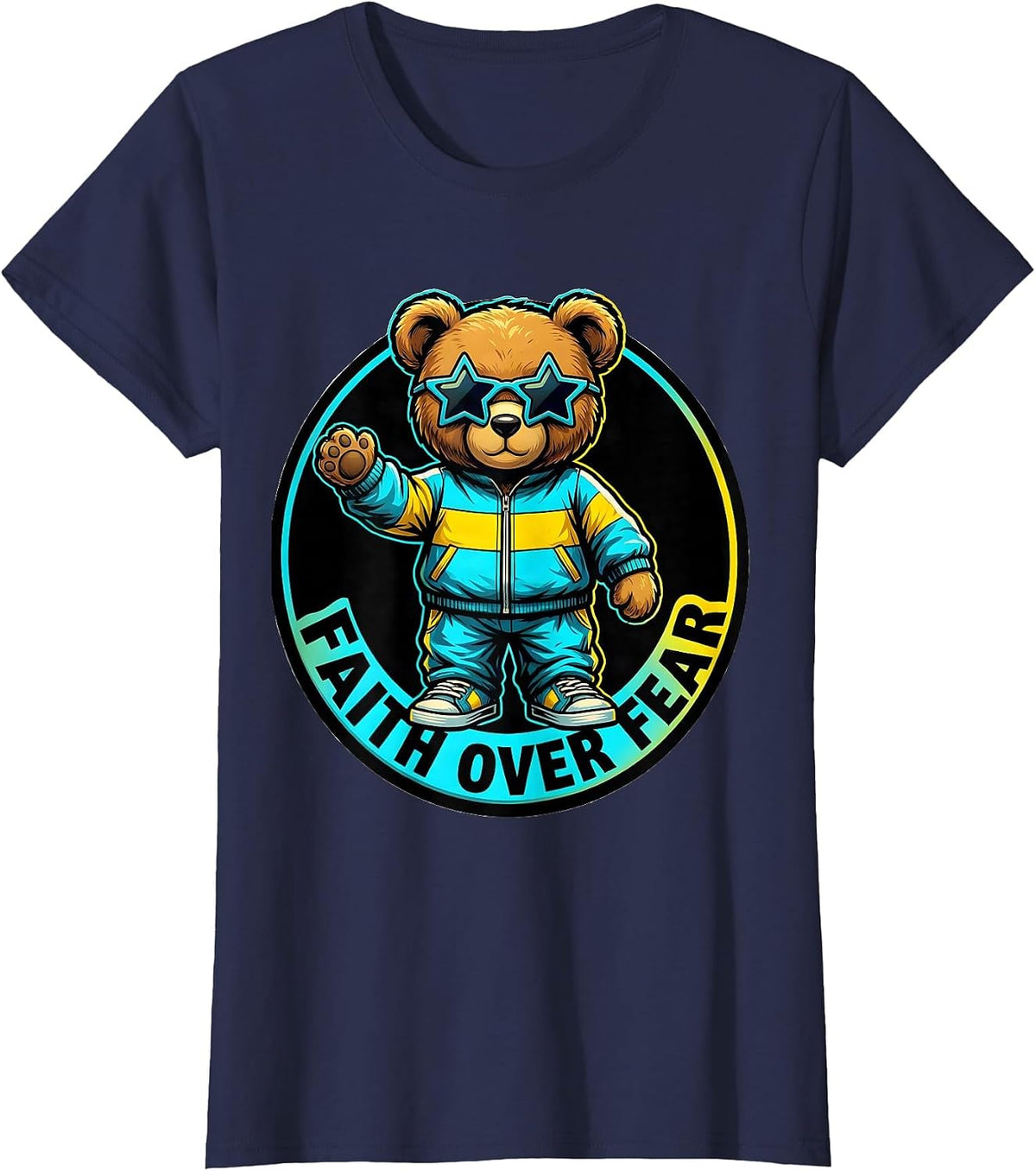 Women's Faith Over Fear Pop Art Teddy Bear Character Graphic T-Shirt - Navy Blue