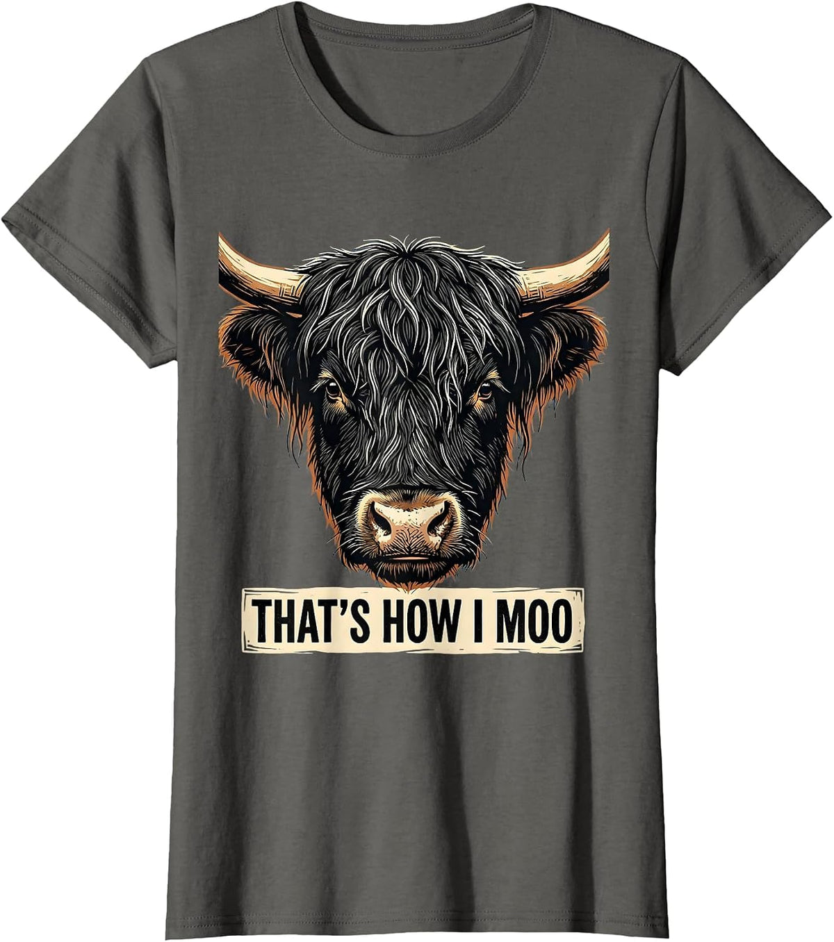 Women's That's How I Moo Funny Highland Cow Linocut Floral Humor T-Shirt - Asphalt Grey