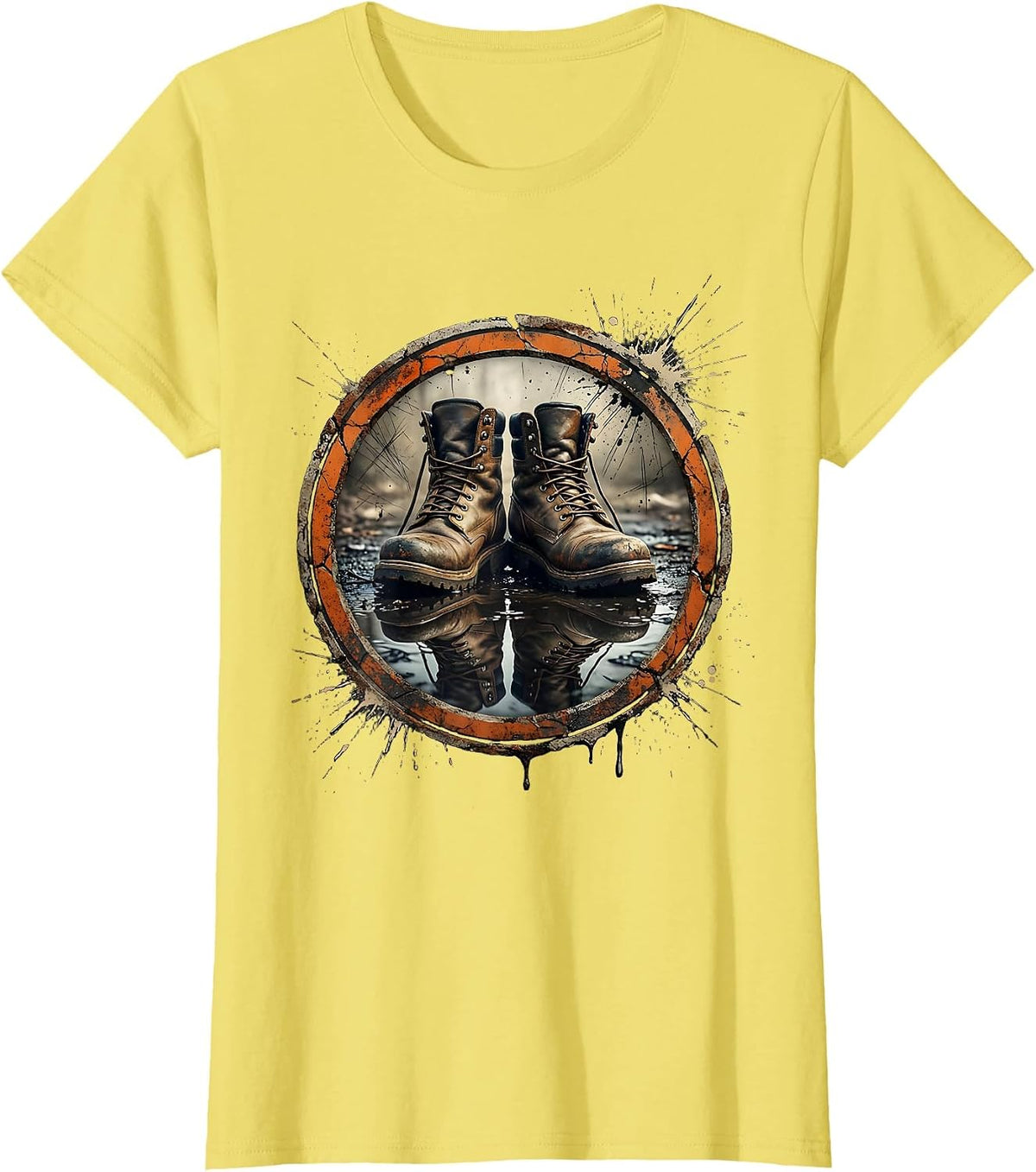 Women's Mechanic Boots Oil Puddle Reflection Graphic T-Shirt - Lemon Yellow