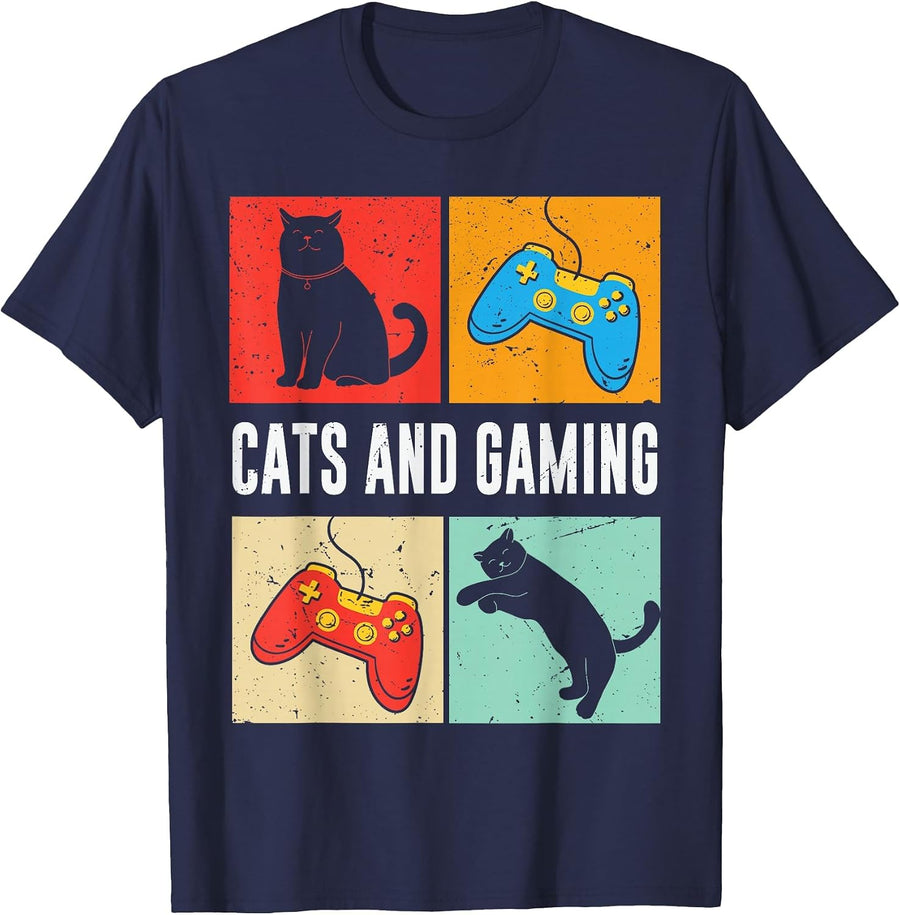 Cats and Gaming for The Cat Lover Gamer Video Game Player T-Shirt - Navy Blue