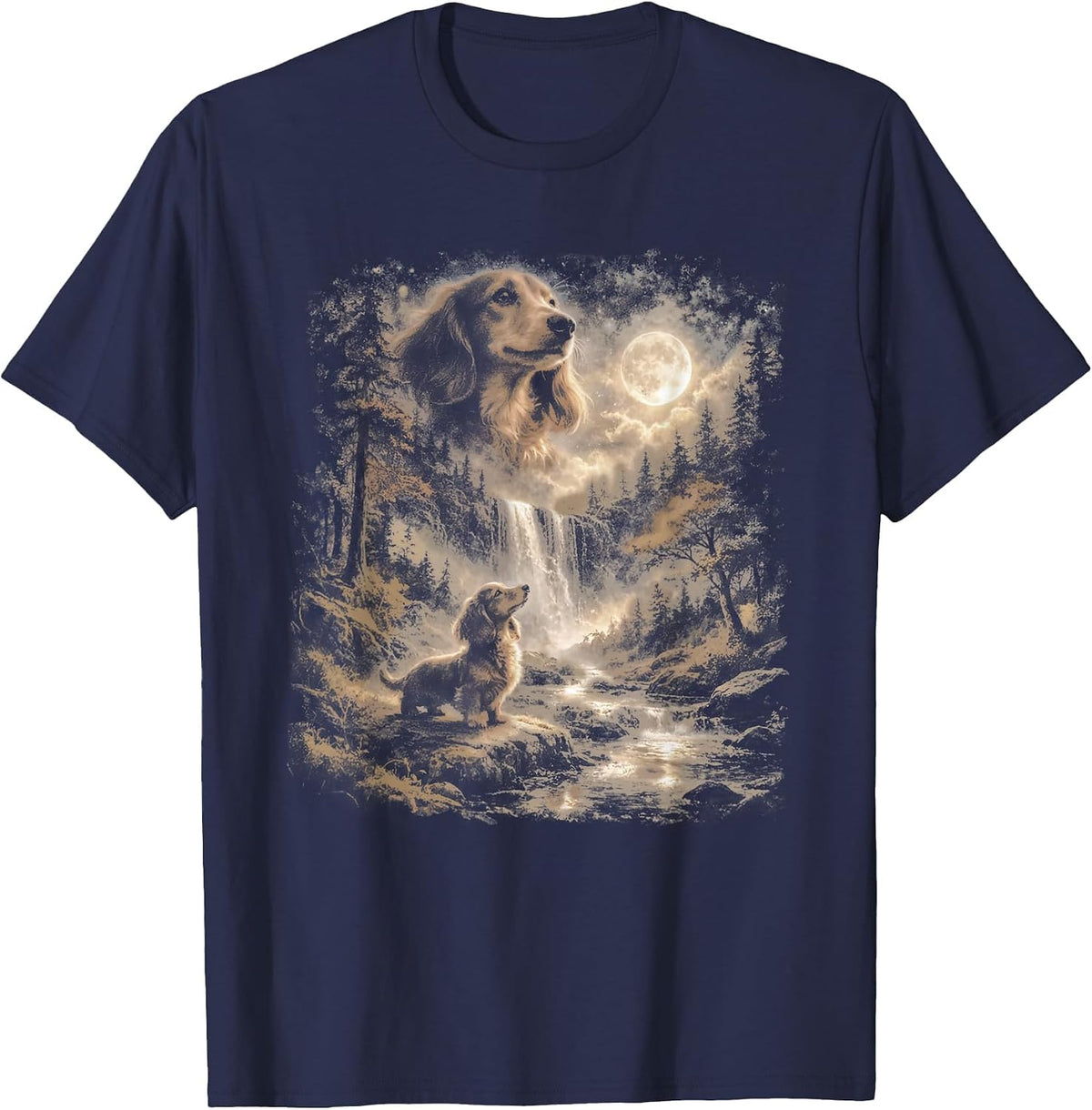 Vintage Funny Wiener Dachshund Howling to Moon Dog Lovers T-Shirt - Navy Blue