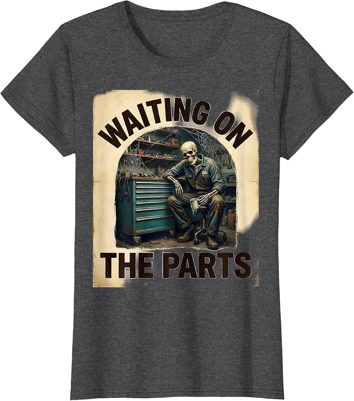 Women's Waiting On The Parts Vintage Skeleton Mechanic Auto Repair T-Shirt - Dark Heather Grey