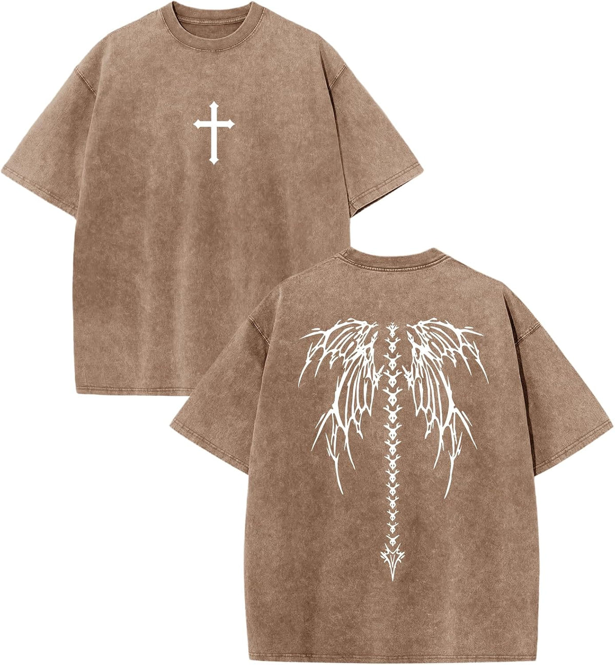 Y2K Gothic Punk Shirt for Men Cross Skull Vintage Graphic Tees Grunge Streetwear Goth Shirts Baggy Acid Wash Tshirt - Coffee