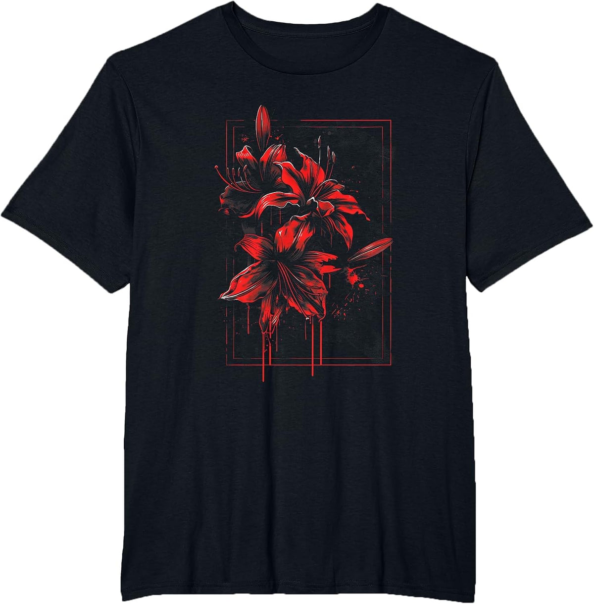 Anime Goth Red Spider Lily Flowers Art Aesthetic Nature Tees T Shirts - Black