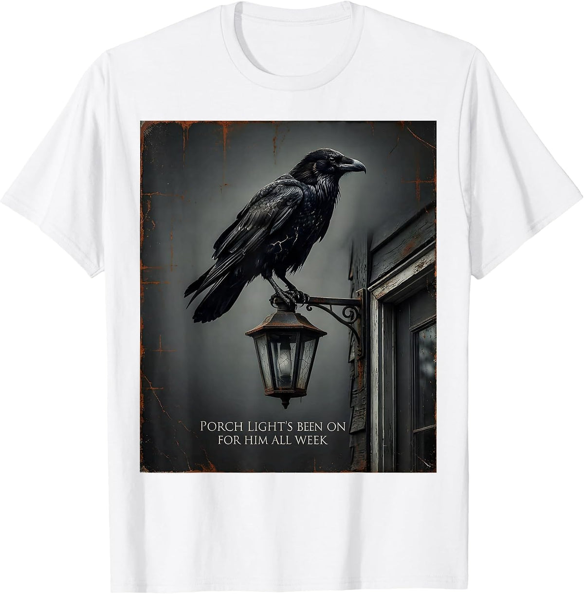 Men's Porch Light's Been On For Him All Week Gothic Literary Raven T-Shirt - White