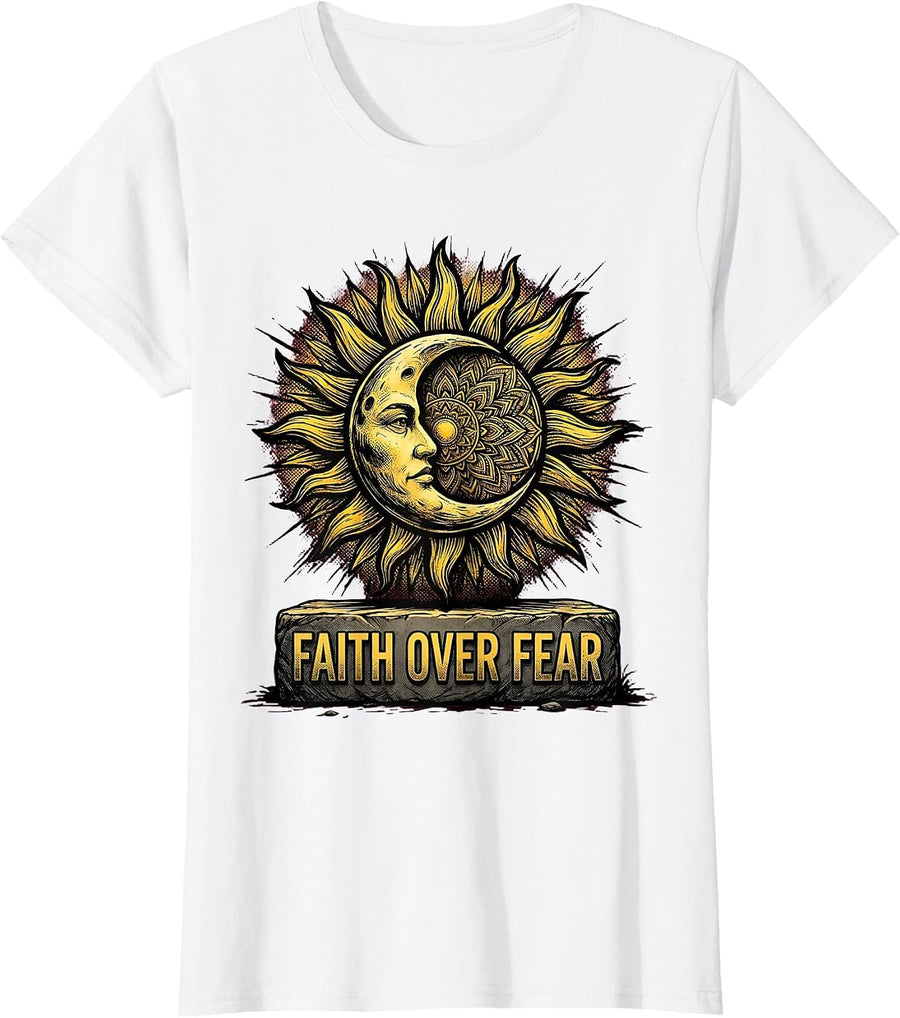 Women's Faith Over Fear Boho Sun and Moon Religious Design T-Shirt - White