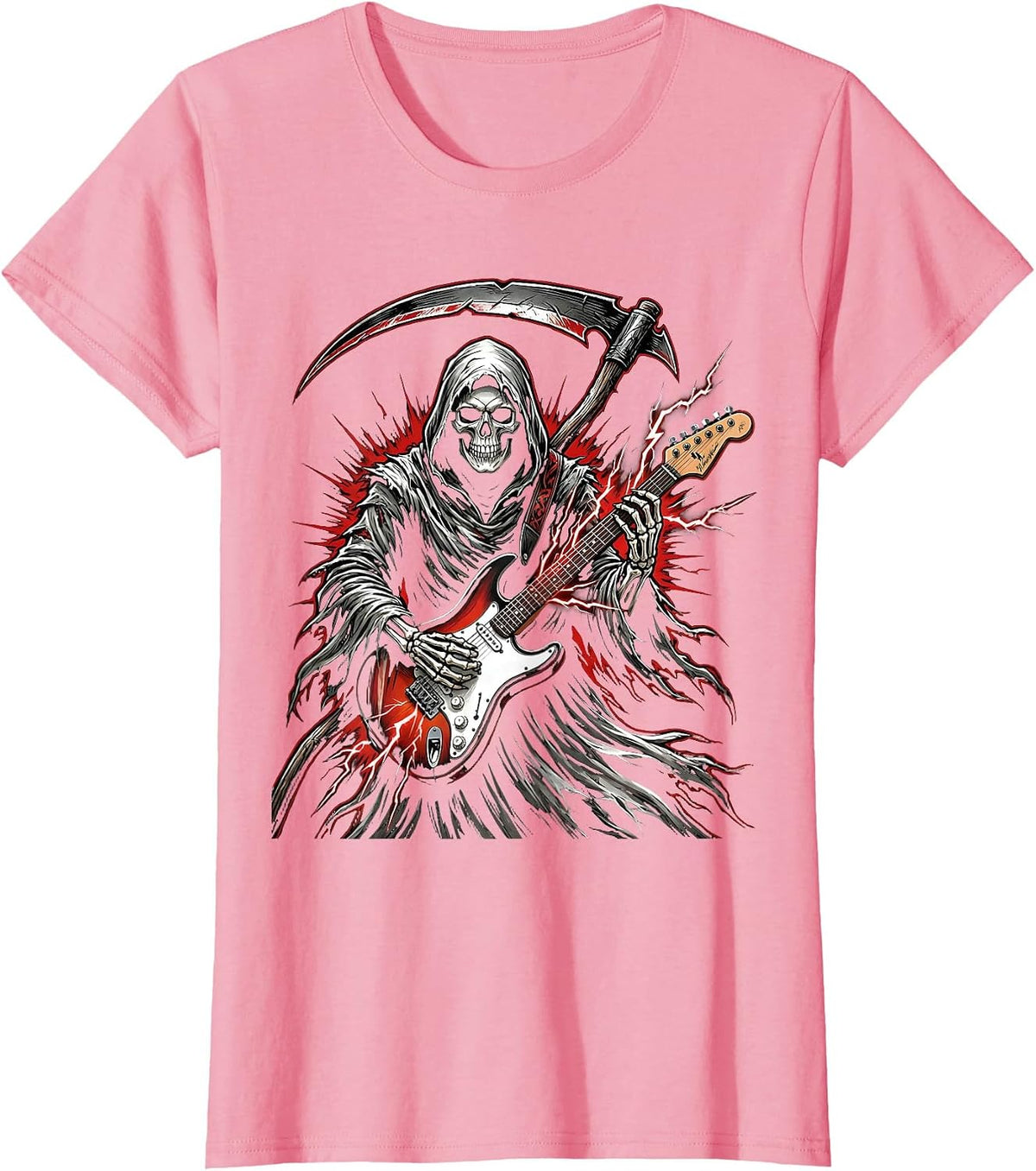 Women's Grim Reaper Electric Guitar Rock Halloween Design T-Shirt - Pink