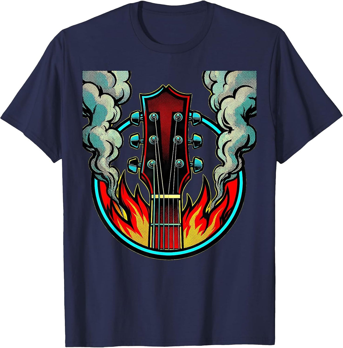 Guitar Headstock Flames Rock Music Graphic T-Shirt - Navy Blue